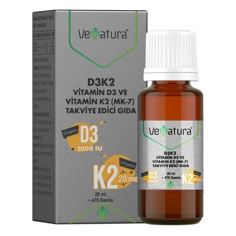 VeNatura D3K2 Vitamin D3 Ve Menaquinon 7 Takviye Edici Gıda 20 ml